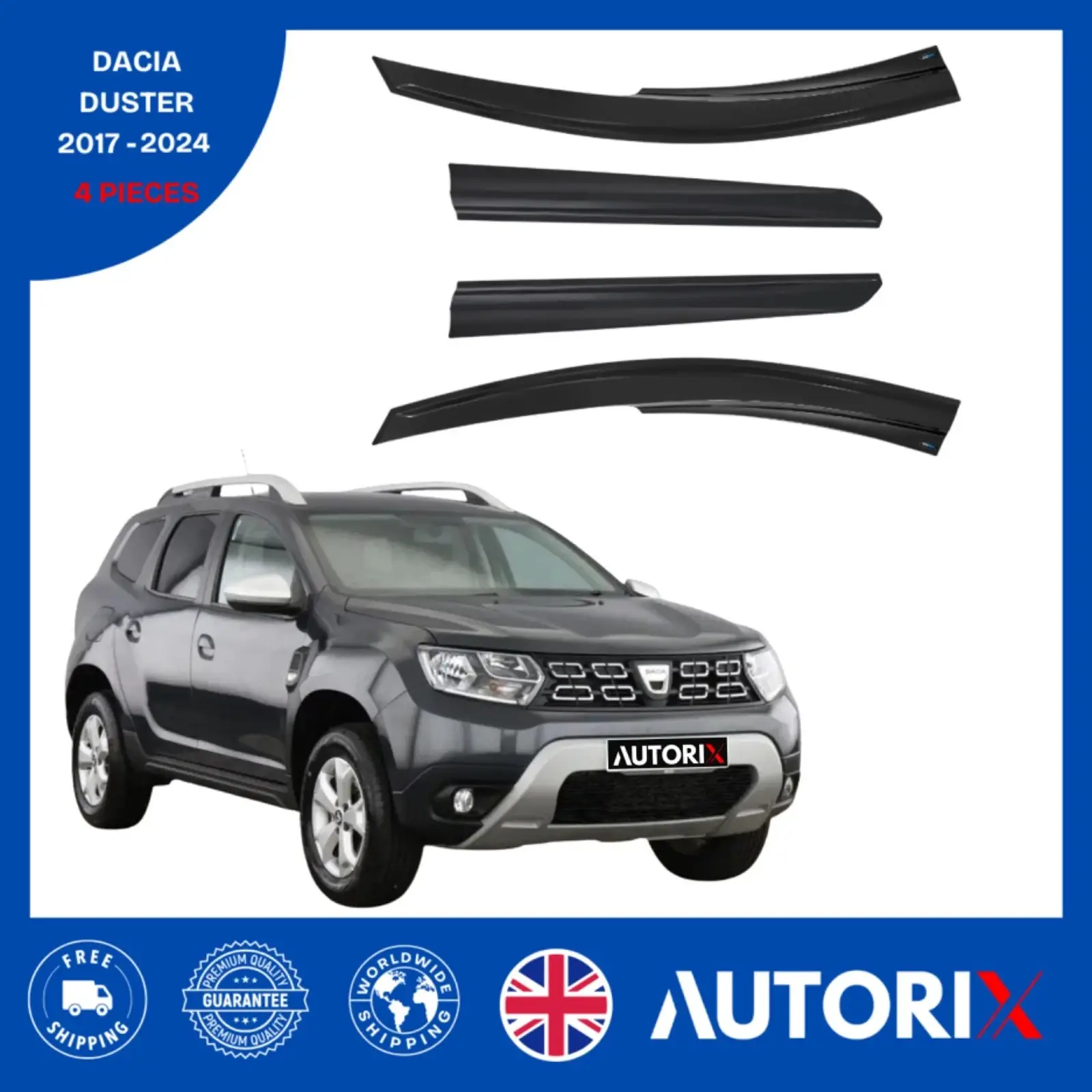 DACIA DUSTER 2017-2024 EXTERNAL FIT WIND RAIN SUN SMOKE GUARD DEFLECTORS 4PC
