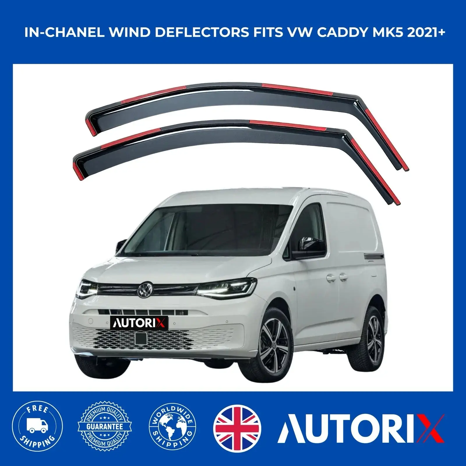 VW CADDY 2021+ IN-CHANNEL WIND DEFLECTORS RAIN GUARDS DARK SMOKE 2PC