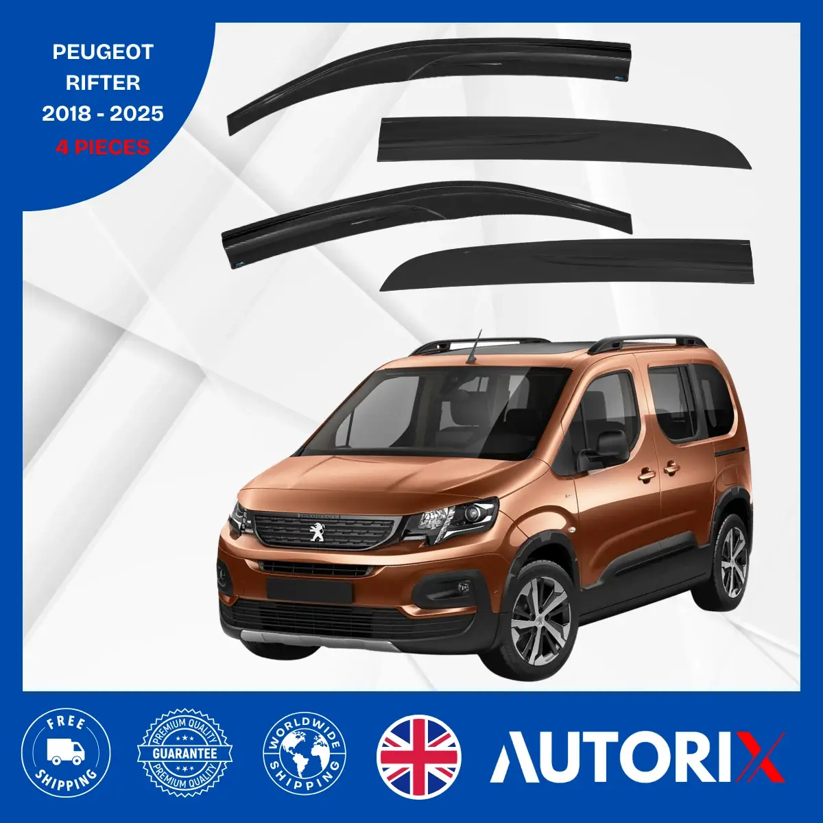 PEUGEOT RIFTER/PARTNER 2018+ EXTERNAL FIT WIND RAIN SMOKE GUARD DEFLECTORS 4PCS
