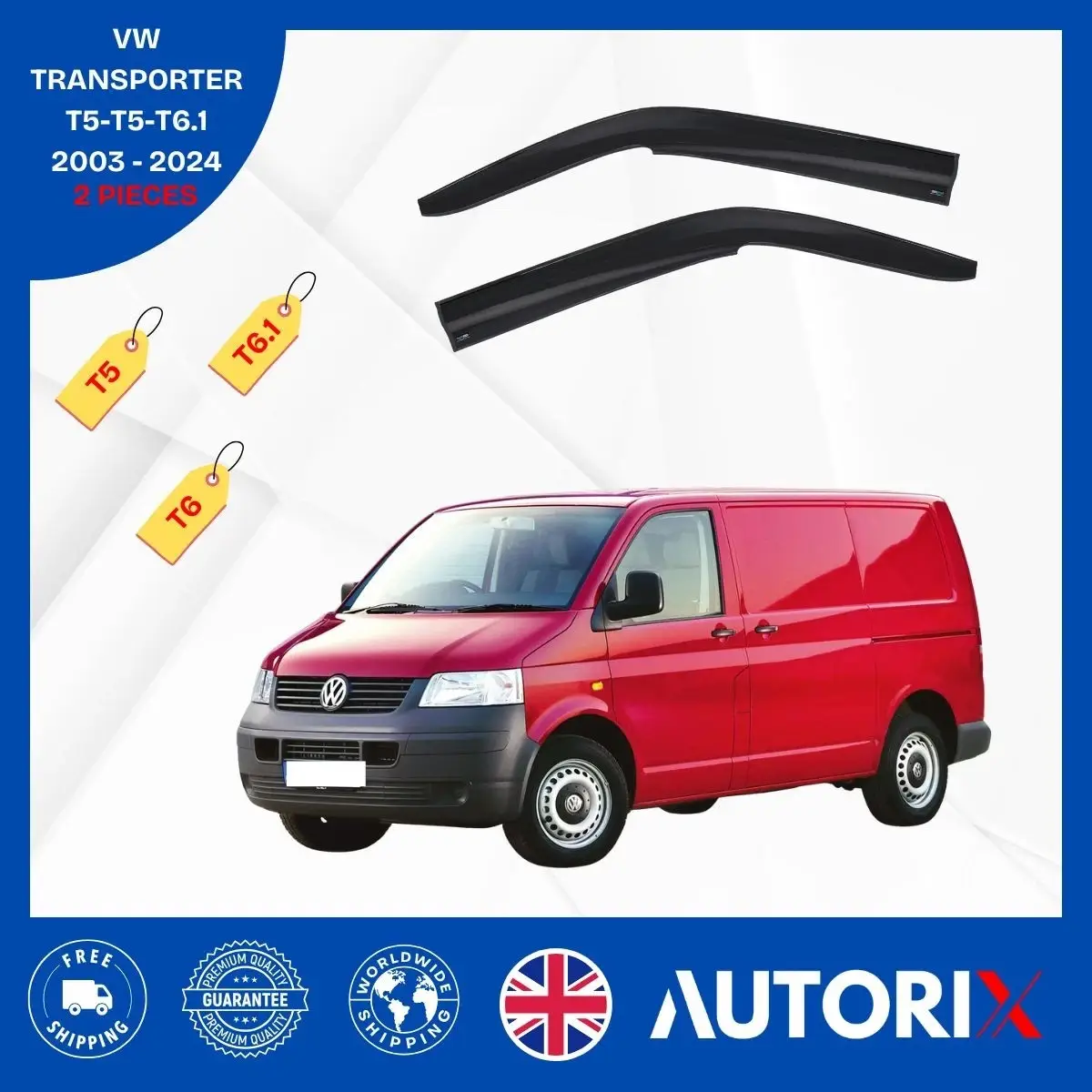 VW TRANSPORTER T5-T6-T6.1 2003-2024 EXTERNAL FIT WIND RAIN SUN DEFLECTORS 2PCS