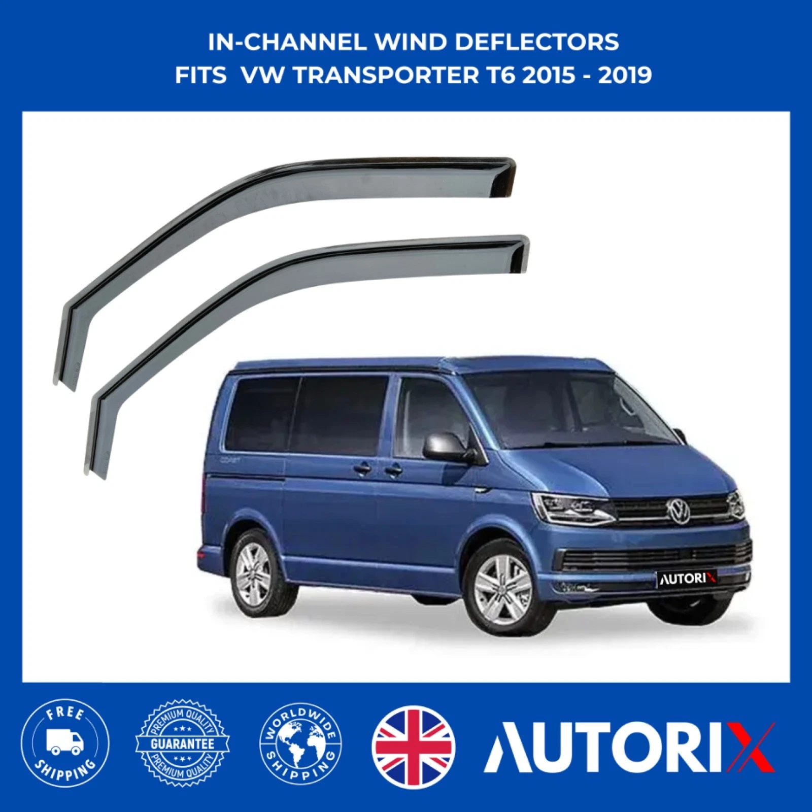 VW TRANSPORTER T6 2015–2019 IN-CHANNEL WIND DEFLECTORS RAIN GUARDS BLACK TINTED