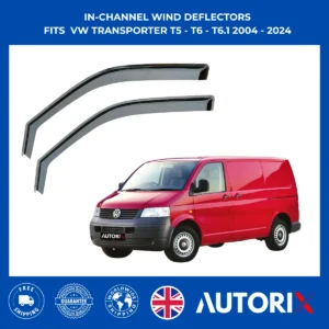 VW TRANSPORTER 2004–2024 IN-CHANNEL WIND DEFLECTORS RAIN GUARDS BLACK TINTED 2PC
